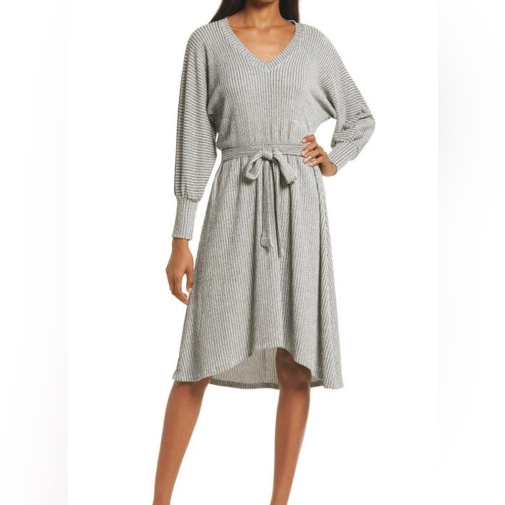 Ribbed Tie Waste High-Low Sweater Dress